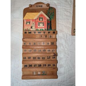 VTG Wooden Hand painted Perpetual Calendar Folk Art Farmhouse Tiles *See Desc